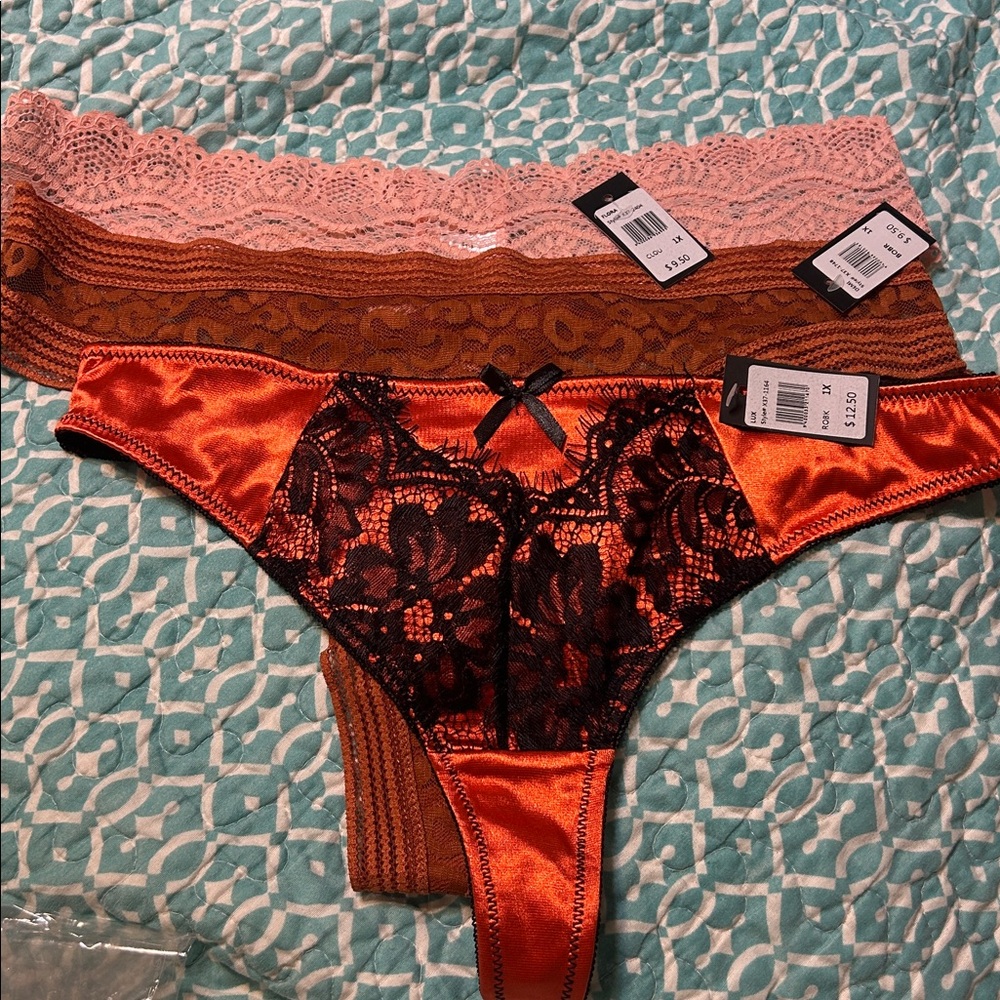 3 Pairs of Fredericks of Hollywood Lace Panties - peach, brown and orange